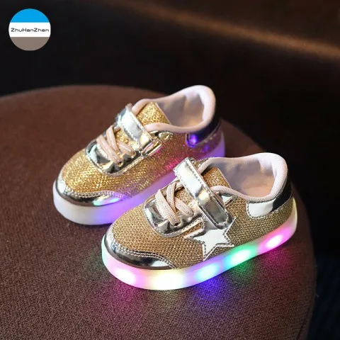 Светодиодный свет модная детская повседневная обувь высокого качества для мальчиков и девочек спортивная обувь для новорожденных с мягкой подошвой светящиеся кроссовки - Цвет: Золотой