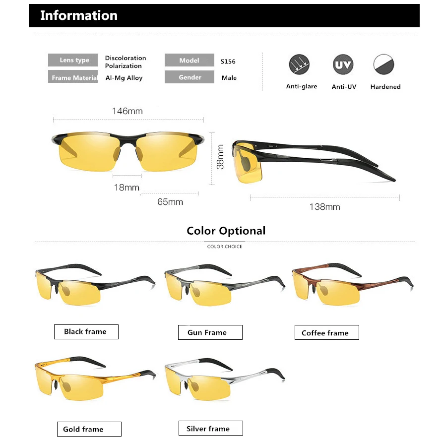 Al-Mg сплав фотохромные линзы поляризованные мужские день и ночное видение вождения солнцезащитные очки, антибликовые мужские водительские солнцезащитные очки S156