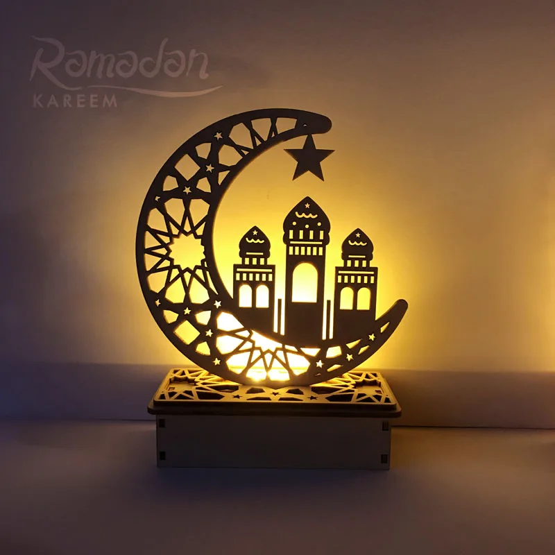 Ramadan Eid Mubarak Decorations for Home Moon LED Candles Light Wooden Plaque Hanging Pendant Islam Muslim Event Party Supplies