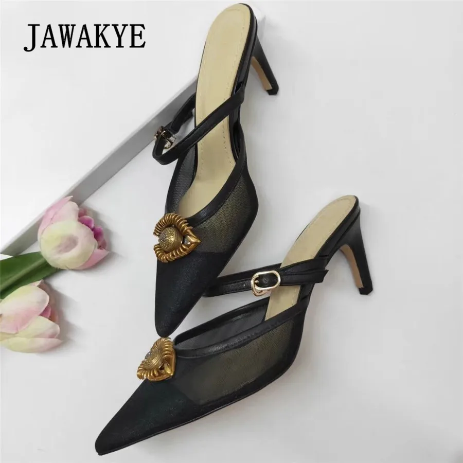 

2019 Pointed toe Black lace Kitten heels Slippers Women Middle band Mules Metal eye Slides Summer Gladiator Sandals Women