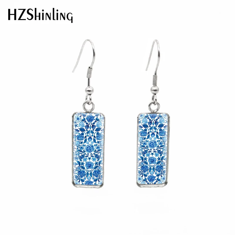 

2019 New Chinese Porcelain Floral Rectangular Earring Blue Pattern Square Fish Hook Earrings Glass Dome Jewelry