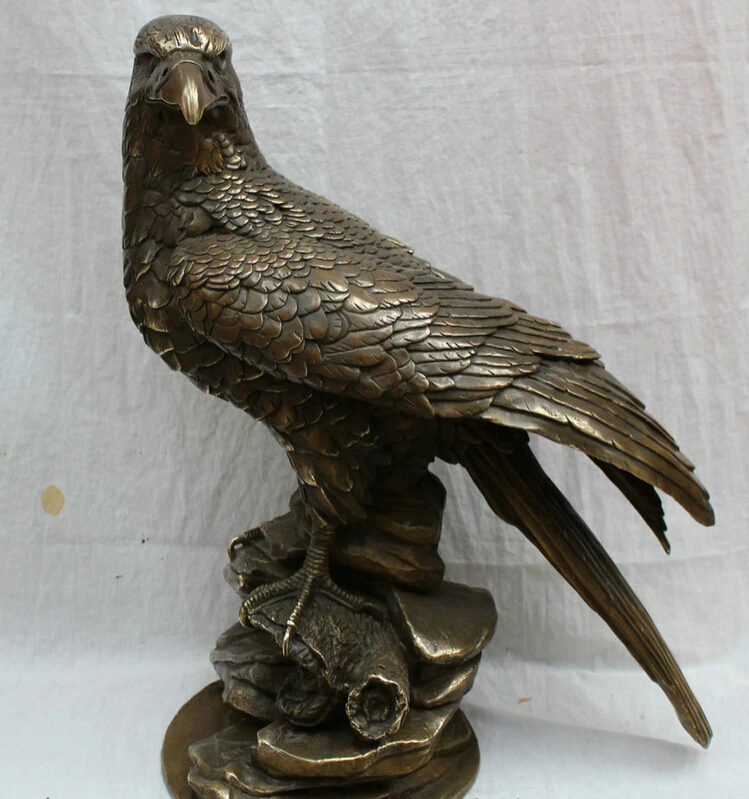 

song voge gem S2560 24" Chinese Bronze Copper Tercel Fly Bird Eagle Hawk Statue On Stone Sculpture
