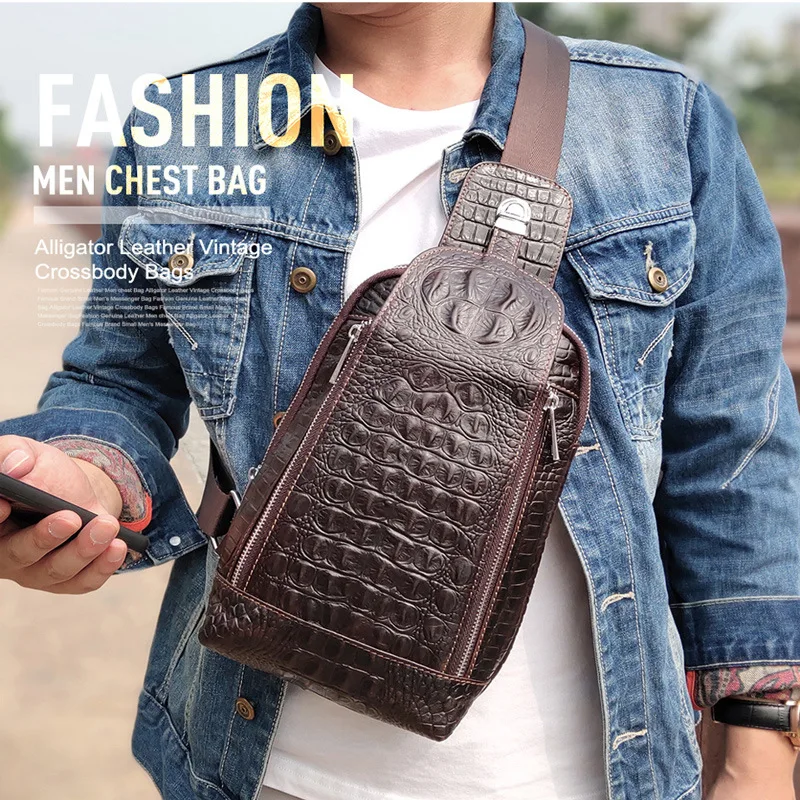 

New Personality Genuine Leather Men's Chest Bag Practical Crocodile Pattern Cow Leather Men's Crossbody Bag Men's Shoulder Bag