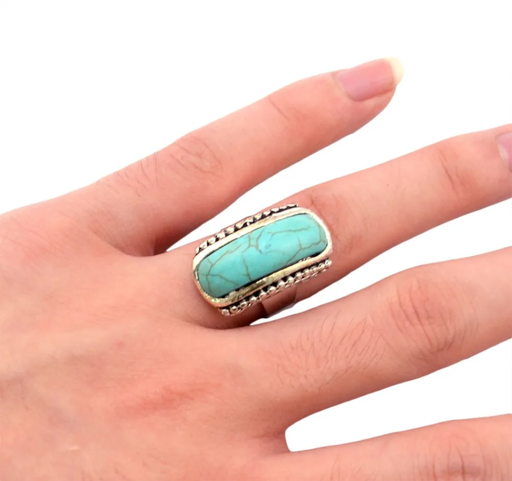 

Bohemian Tibet Silver Metal Finger Rings For Men Blue Stone Women Ring Turquoises Vintage Adjustable Turkey Punk Gypsy Jewelry