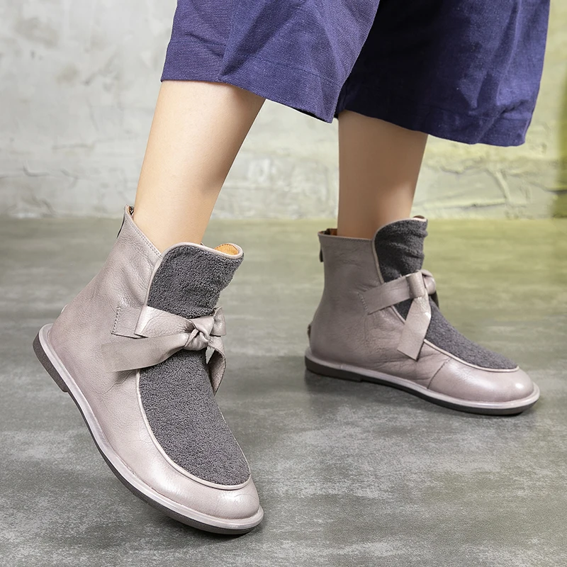 

Leather Butterfly-knot Ankle Boots For Women Original Leather Round Toe Lady Handmade Shoes Comfortable Female Short Booties