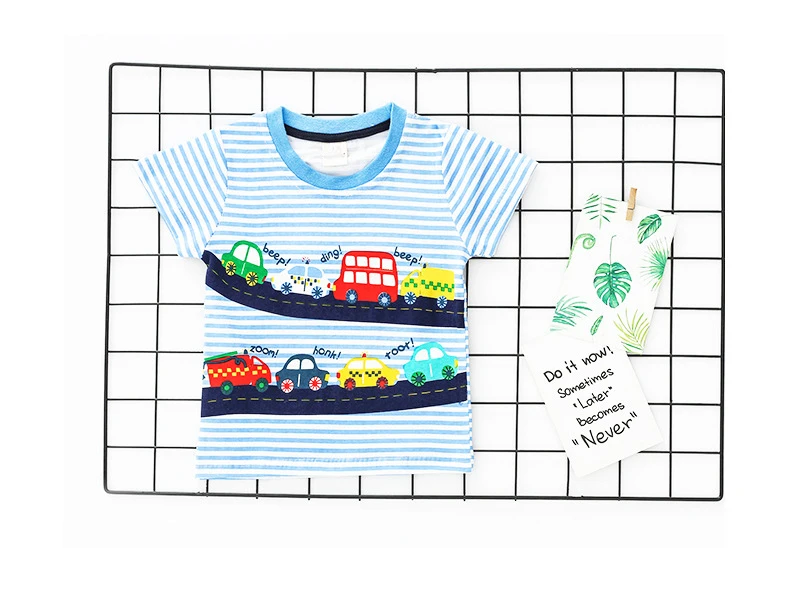 Летняя детская футболка для малышей, футболки с машинками для малышей, хлопковая одежда для мальчиков и девочек, футболки с короткими рукавами, топы в синюю полоску, 18 мес.-8 лет