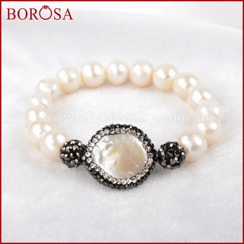 

BOROSA Round Natural Pearl Paved Zircon with Natural White Pearl Beaded Bracelet Handcrafted Fashion Bracelet for Women JAB152