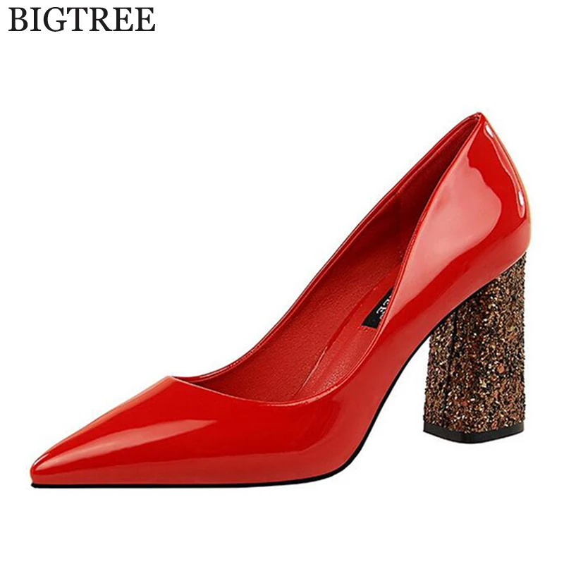 

Hot 2018 Candy Color Women Pumps Shallow Color Block Thick High Heels Shoes Sequins Working Shoes platform shoes women shoes k23