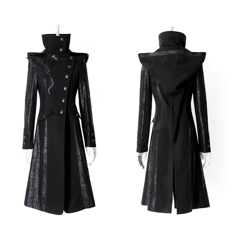 Gothic Worsted Printing Long Jacket Punk Winter Women Black High Collar ...