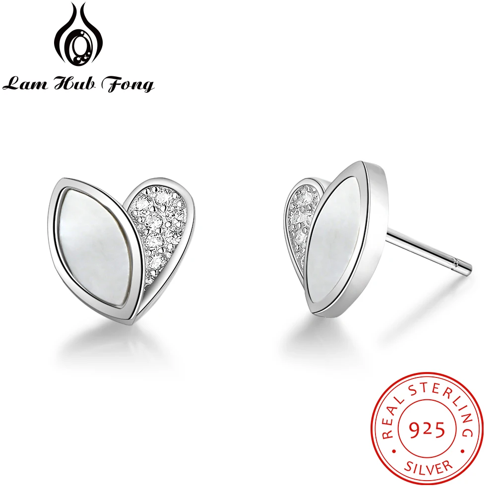 

925 Sterling Silver Heart Earrings With Mother of Pearl & Cubic Zirconia 9mm Small Stud Earrings for Women Girls (Lam Hub Fong)