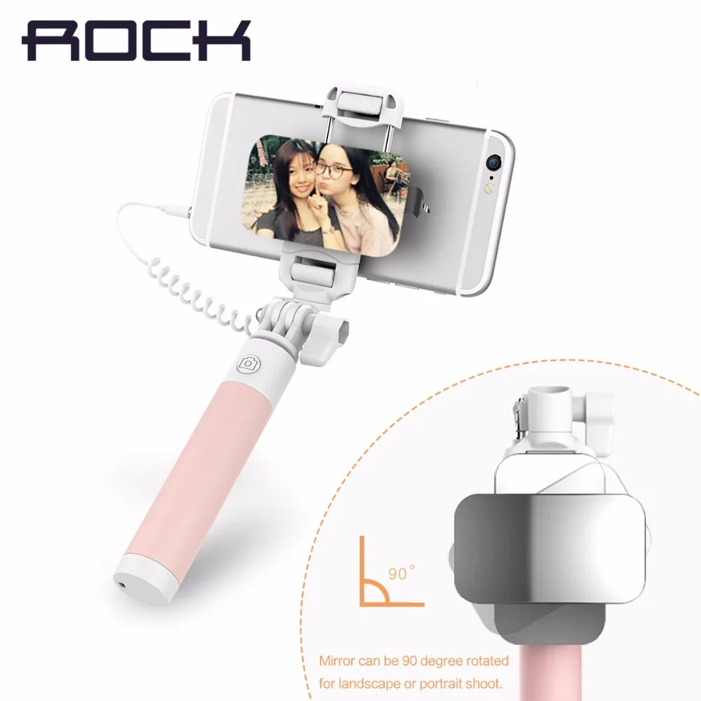 

ROCK Universal Mini Mirror Selfie Stick for IOS/ Android Luxury Phone Wired Selfie Stick Phone Holder Camera Para Monopod