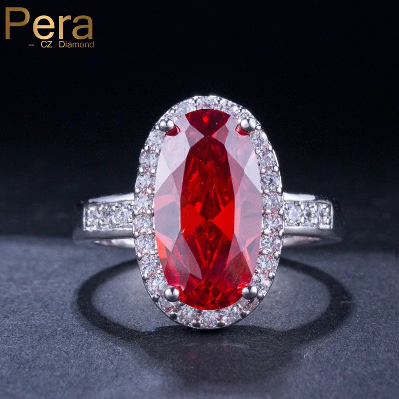 

Pera Romantic Women Silver Color Jewelry Accessories For Gift Big Oval Round Shape Red Cubic Zirconia Wedding Finger Rings R082