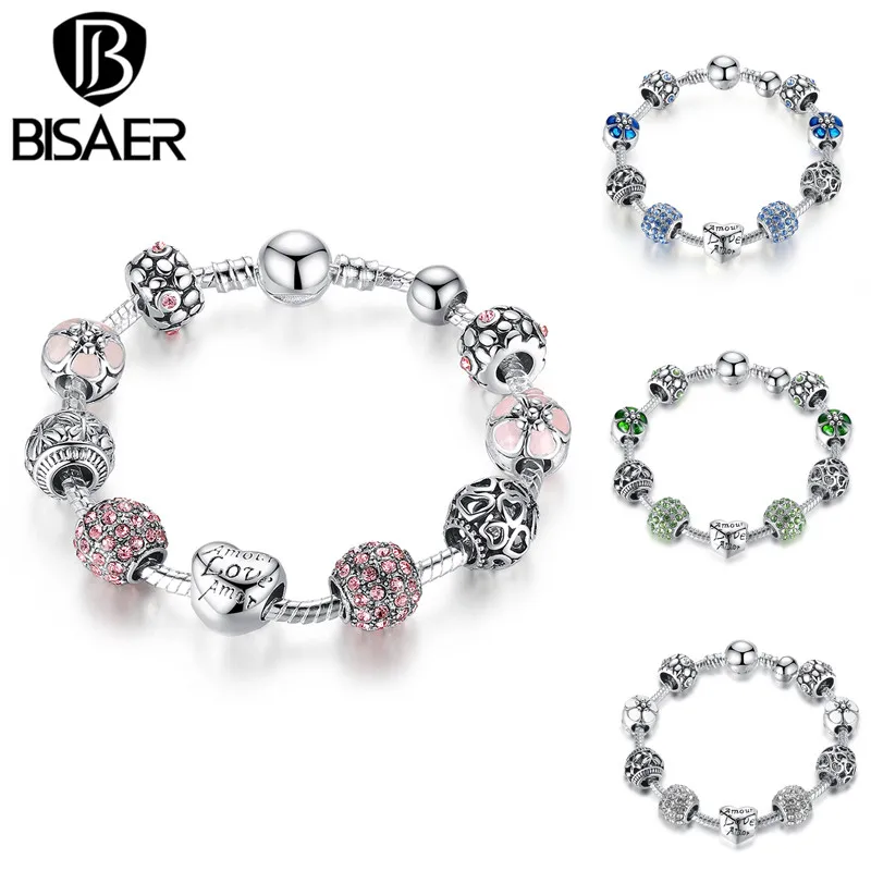 BISAER, 3 цвета, серебряный цвет, ажурное сердце, синий муранский бисер, очаровательные браслеты и браслеты для женщин, ювелирные аксессуары HJ1503
