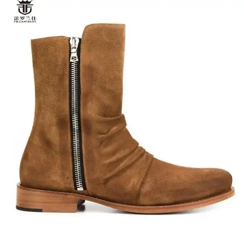 Fr.Lancelot Pleated Luxury Suede 3 Colors Men Boots Ankle Short Booties Low Heel Square Heel Shoes Men Trainers Chelsea Zip