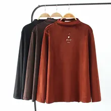 Больше размера d размера плюс одноцветные велюровые женские футболки осень зима вышитые футболки с длинным рукавом Женские топы 4XL