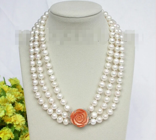 

FREE shipping>>>>>>natural 17" 10mm 3row round white pearls necklace 925 silver coral clasp j8618 6.07