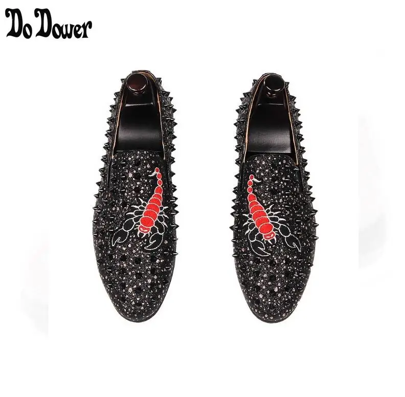 Rouge Hommes embroidery Marque Broderie Black De or Strass Chaussures D'or Mocassins Diamant Noir Luxe Black Rivets Mariage Fond qqzaw4E