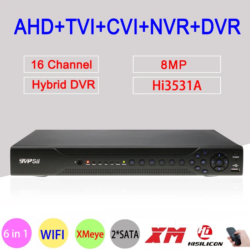 Hi3531D 8 МП 4K H.265 + 16 каналов 2 * SATA WIFI коаксиальный гибридный 6 в 1 NVR TVI CVI AHD CCTV DVR