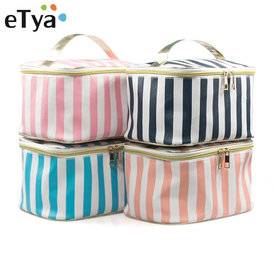 

eTya New Striped Cosmetic Bag PVC Women Large Capacity Makeup Bag Tote Travel Organizer Make Up Box Toiletry Kit Wash Bag Case