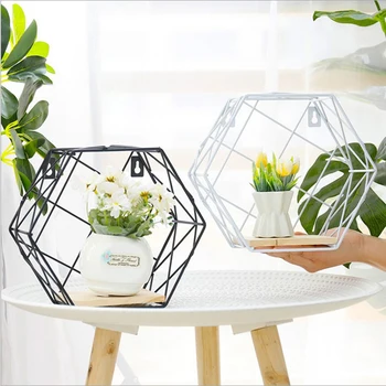 

Hexagon Metal Storage Shelf Basket with Board Nordic Scandinavian Wall Mounted Storage Basket Organizer Home Office Decor