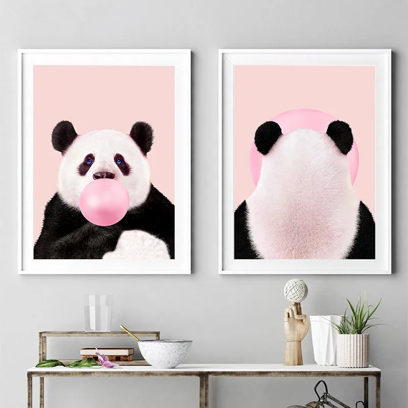Cute Animal Prints Panda Nursery Bubble Gum Wall Art Canvas Painting Blush Pink Funny Poster Decoration Kids Room Home Decor