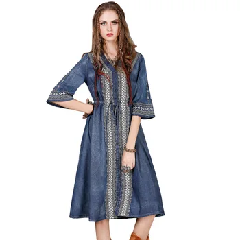 

WSYORE High Waist Denim Dresses Women 2019 New Spring Vintage National Wind Embroidery Drawstring Casual Denim Dress NS1147