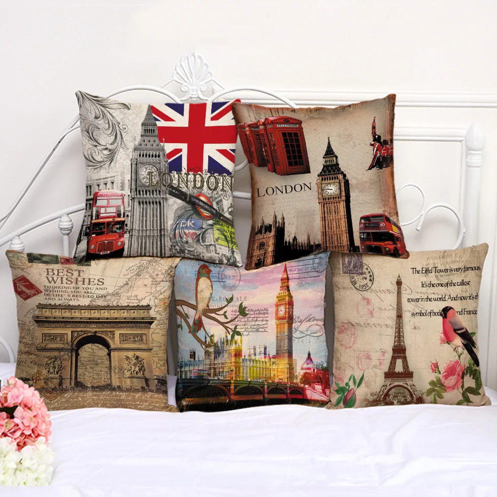 

Vintage London Paris Cushion Cover Flower Pink Throw Pillow Cover for Sofa Home Textile Car Pillowcases Londen Throw Pillows
