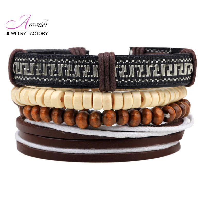 Amader Многослойные Кожаный Браслет Мужчины Ювелирные Изделия Boho Рок Дерево Из