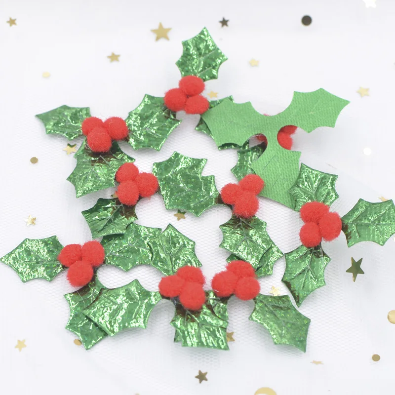 30 шт. блестящий зеленый лист Холли и 3D красные ягоды аппликации патчи для рождественского декора, украшение стола, наклейки аксессуары F77