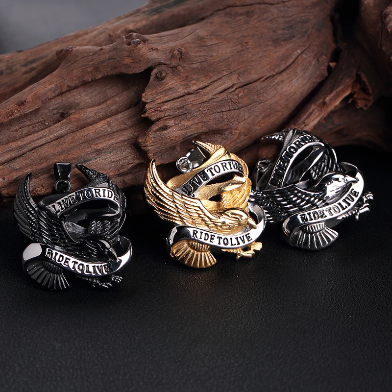 MOGE Men's Punk Pendants Cool Biker Eagle Ride to Live Stainless Steel For Men Necklace Gift | Украшения и аксессуары