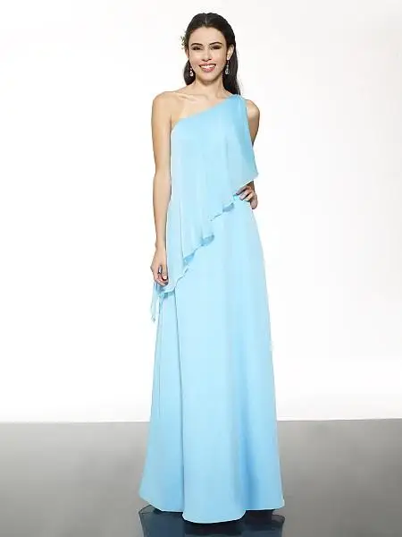 2015 New Sky Blue Bridesmaid Dresses Under $100 One Shoulder Chiffon Simple Party Prom Dress Custom Made Wedding Guest Gowns