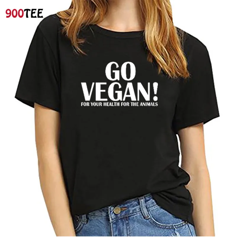 Модная черная женская футболка, хлопок, короткий рукав, свободный крой, летние топы с надписью Go Vegan, футболка с принтом, женская одежда размера плюс