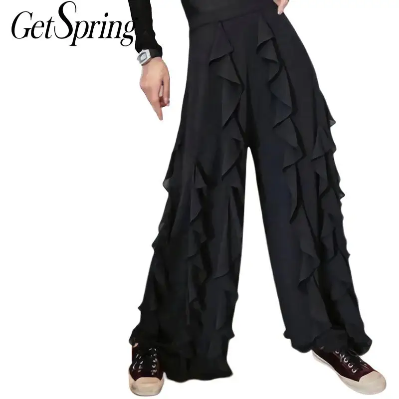 

GETSRING Pant Ruffle Stitching High Waist Chiffon Wide Leg Pants Black Wild Chiffon Casual Women Pants 2019 New Fashion Vintage