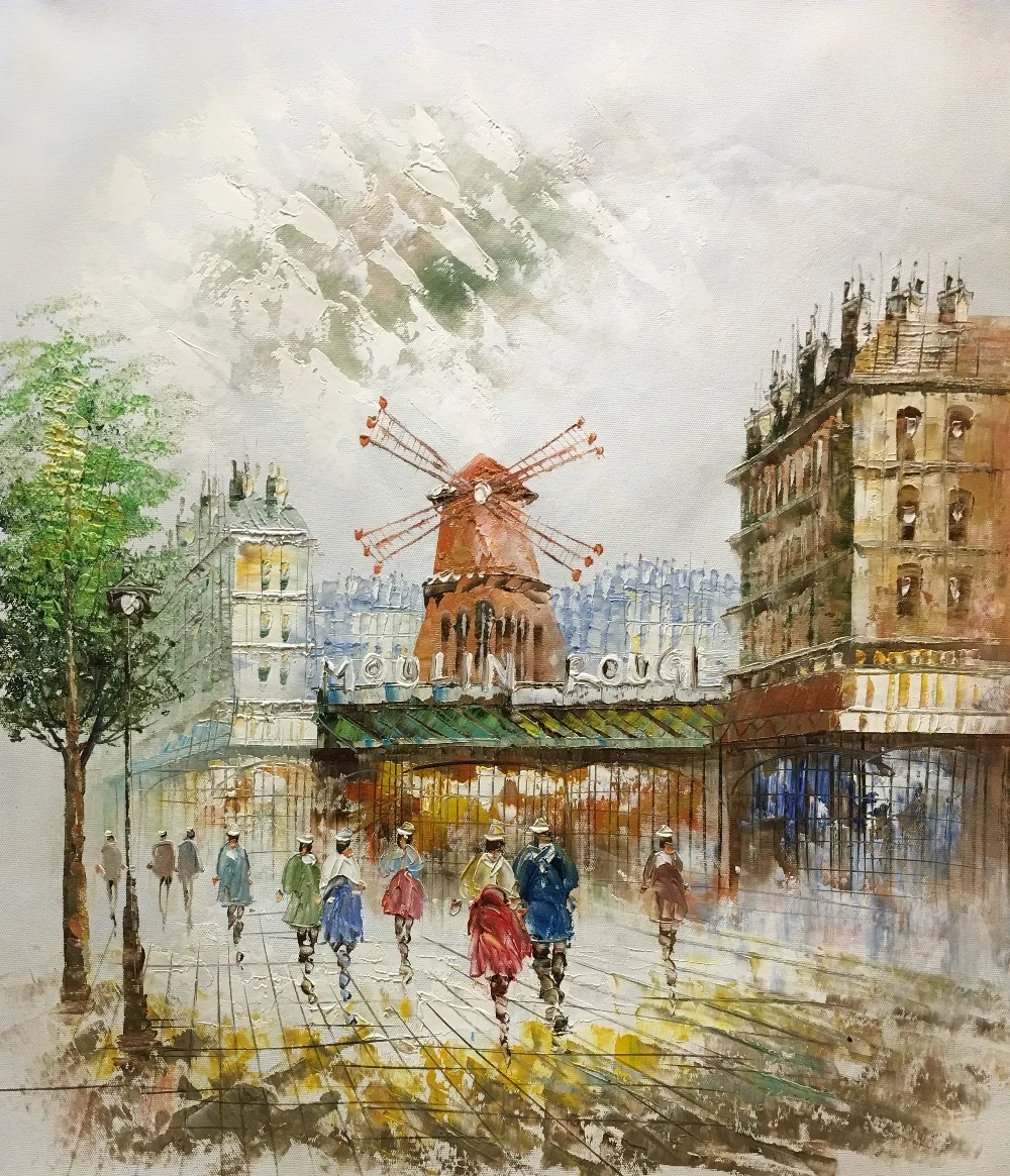 

Hand Painted European Landscape Oil Painting on Canvas Eiffel Tower Paris Stree Oil Painting Wall Art Picture for Living Room