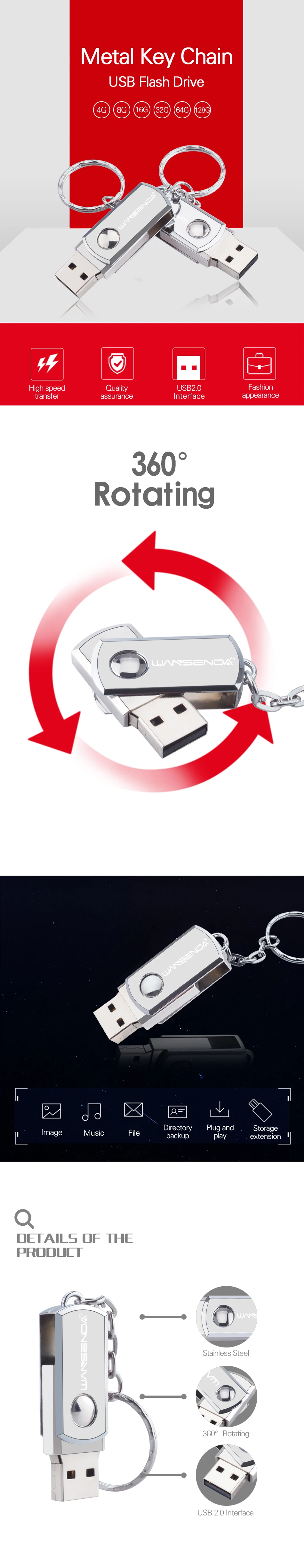 USB флеш-накопитель Wansenda из нержавеющей стали, цепь 128 ГБ, 64 ГБ, 32 ГБ, 16 ГБ, 8 ГБ, 4 Гб, usb флеш-накопитель