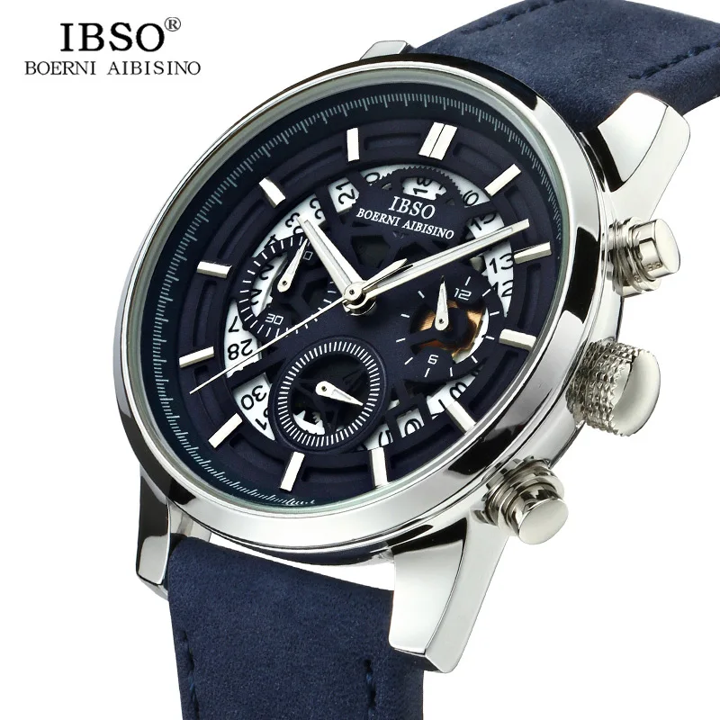 

IBSO New Hollow-carved Mens Watches 2019 Calendar Stopwatch Sports Quartz Watch Men Blue Genuine Leather Strap Relogio Masculino