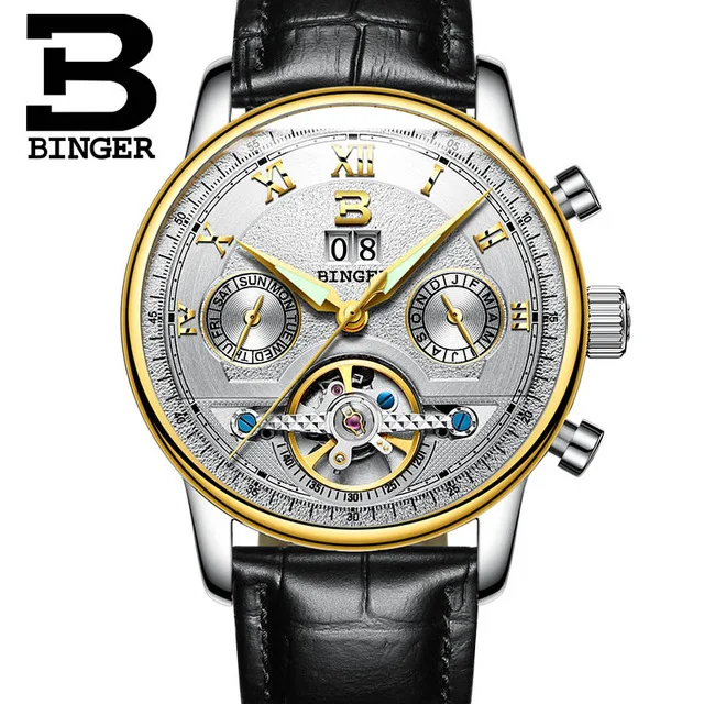 BINGER бизнес часы для мужчин автоматические светящиеся часы для мужчин Tourbillon водонепроницаемые механические часы Топ бренд relogio masculino Новинка - Цвет: Leather gold white