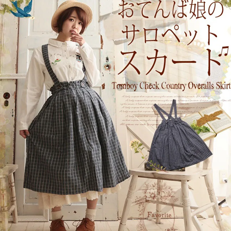 

Harajuku High Waist Plaid Belt Skirts Women Clothing Lattice Loose Female Kawaii Vintage Overalls Grey Mori Girl Skirts A156