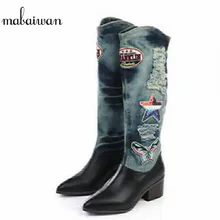 Mabaiwan/ г.; модные женские сапоги до колена с острым носком; сезон весна-осень; лоскутные высокие джинсовые сапоги без застежки с бахромой; Botas; Botines Mujer