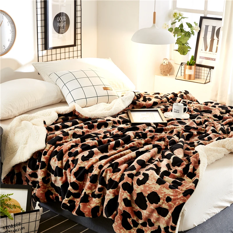 Leopard Print Double Layers Sherpa Blanket Throw Cozy Warm ...