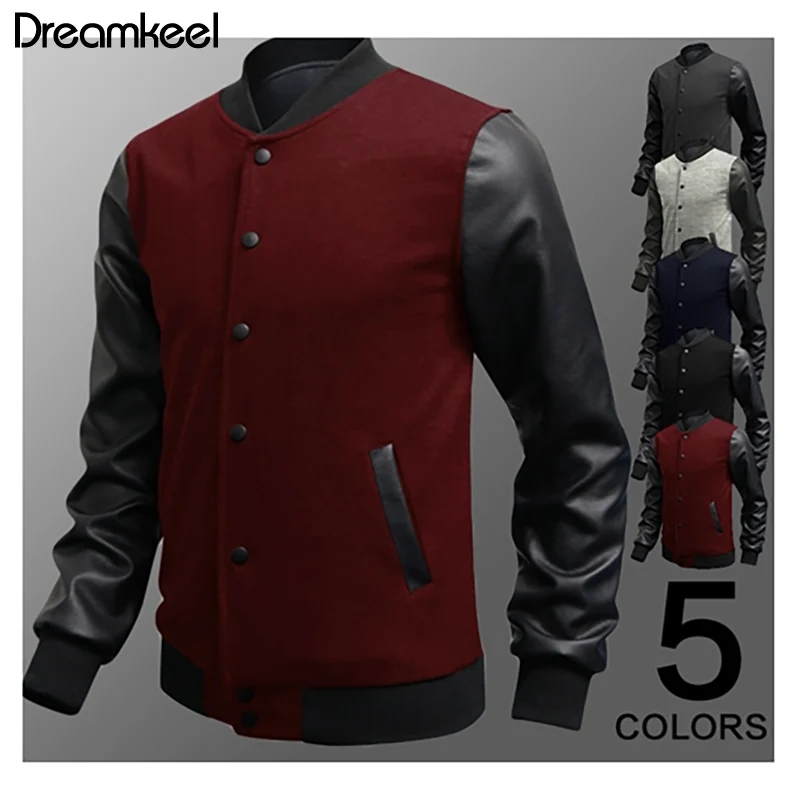 Cool Mens Wine Red Baseball Jacket Autumn Fashion Slim Black Pu Leather Sleeve Bomber Jacket Men Brand Varsity Jackets Y