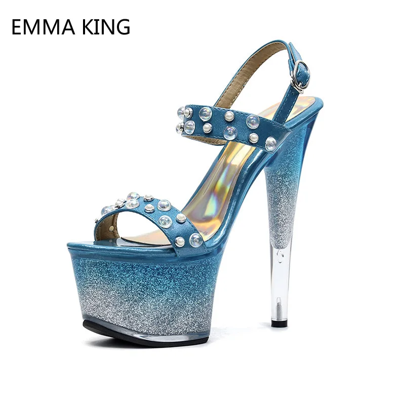 

New Summer Sandals Female 6CM Platform Shoes Rivets Sky Blue Super High Heels Buckles Large Size 17CM Satin Glitter Shoes Sapato