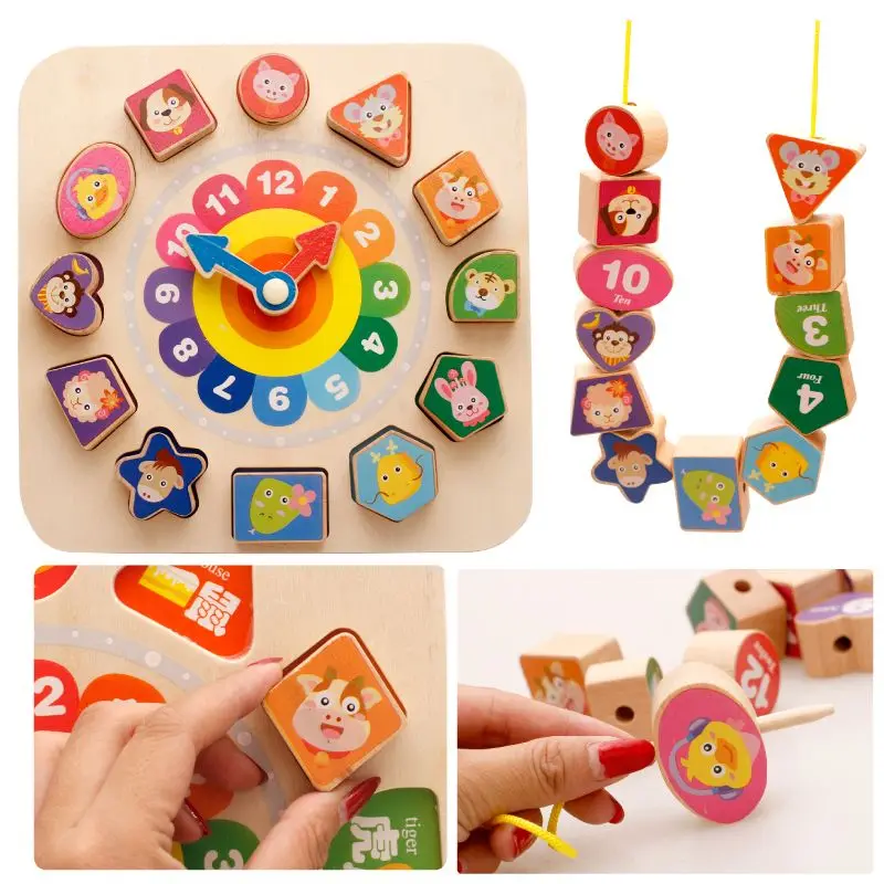 Candice guo wooden toy wood building block cartoon animal clock shape match game baby catch train wear line string bead set gift baby-building-blocks-wooden