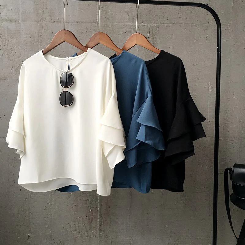 Solid Chifon Blouse Womens 2018 Summer Casual O-Neck Fashion Tops Shirt White Ruffle Blusas Feminina Women Babados Camisa |