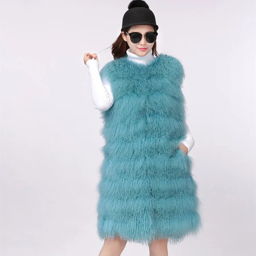 

Mongolia Sheep Real Fur linking to Sheep Skin Women Vest Autumn Winter Long Slim Warm Lamb fur Jacket