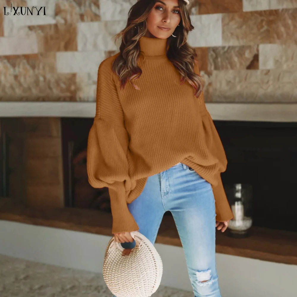 

LXUNYI 2019 New High-collar Autumn Winter Lantern Sleeve Sweaters Cross-border Wear Turtleneck Winter Clothes Women