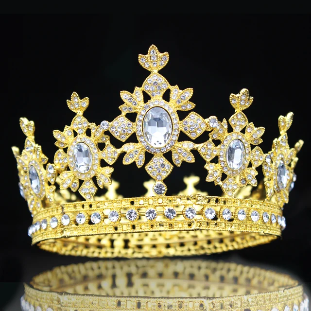 Gold Crystal Royal Bridal Tiara Crown Full Round Queen Vintage Crown ...