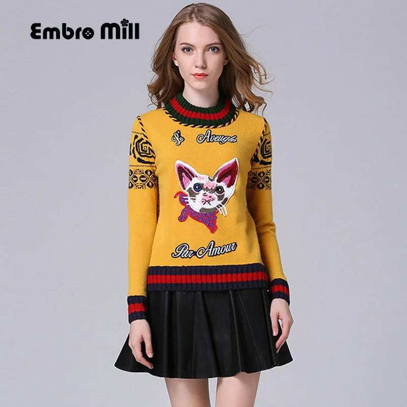 2017 Winter Warm Sweater Embroidery Cat Sweater Women Pullovers Long
