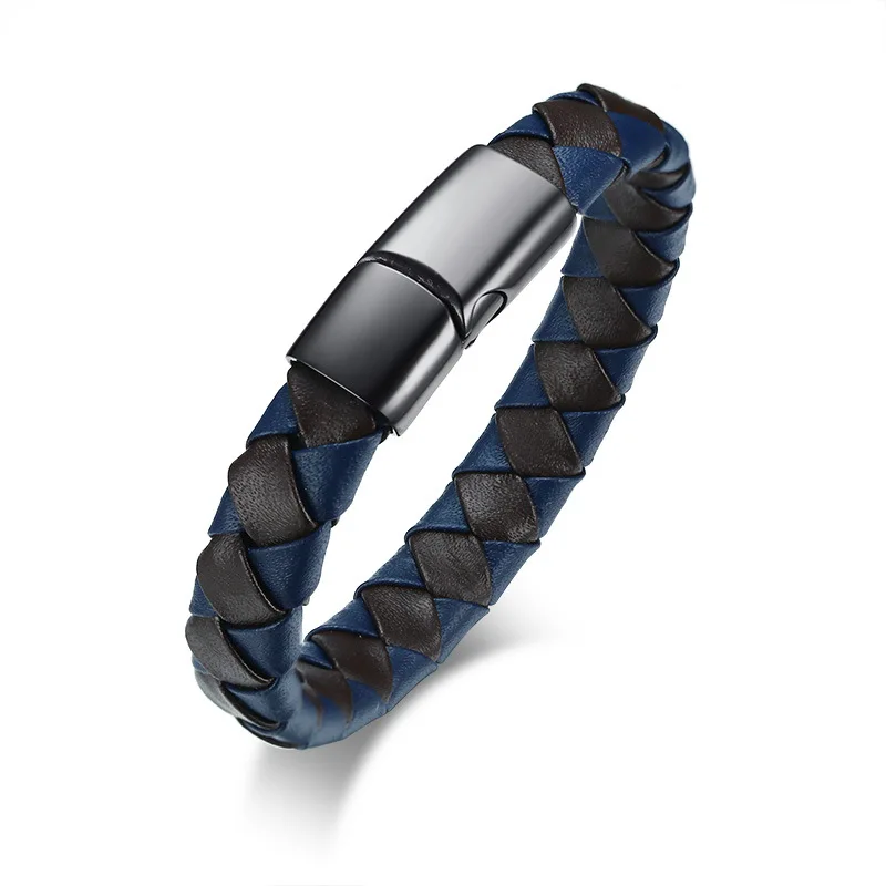 

Genuine Leather Men Bracelets Black Blue Magnetic Clasps Bangles Simple Braided Rope for Male Fashion Jewelry Accessories Gift