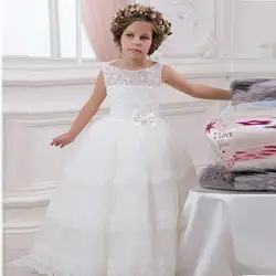 Платье с цветочным узором для девочек кружевное бальное платье с поясом, детское Пышное вечернее платье без рукавов с круглым вырезом на